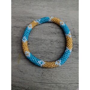 Handmade Glass Seed Bead Roll On Bracelet Turquoise Gold White Boho Floral